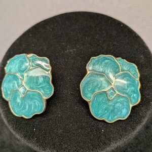 Elegant Enamel Floral Earrings in Green and Gold Pierced
